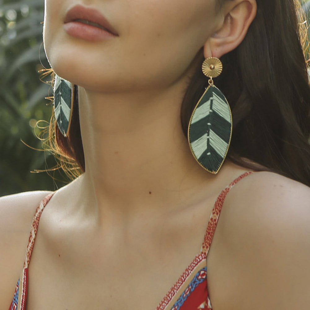 Bohemia Women's Woven Leaf Long Dangle Drop Stud Earrings Party Jewelry Gift