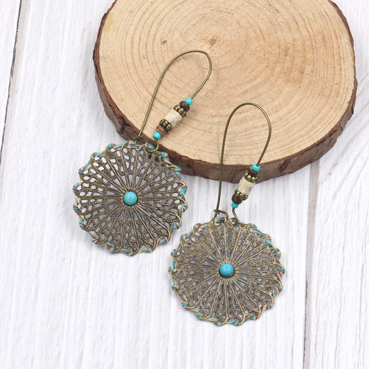 Bohemia Women Hollow Crochet Alloy Round Pendant Hook Earrings Jewelry Gift