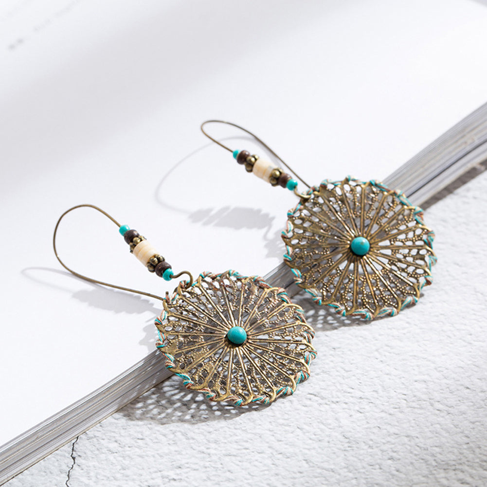 Bohemia Women Hollow Crochet Alloy Round Pendant Hook Earrings Jewelry Gift