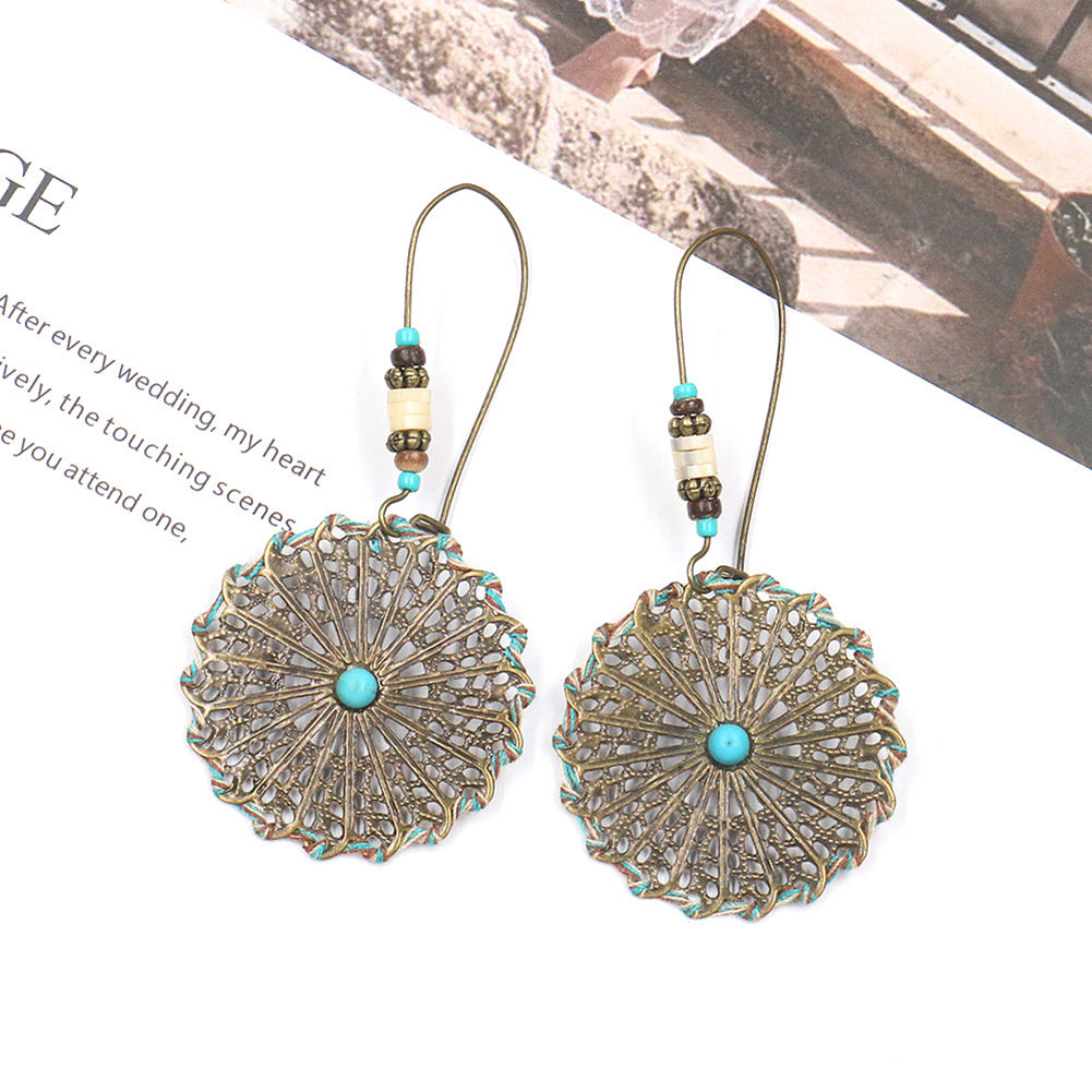 Bohemia Women Hollow Crochet Alloy Round Pendant Hook Earrings Jewelry Gift