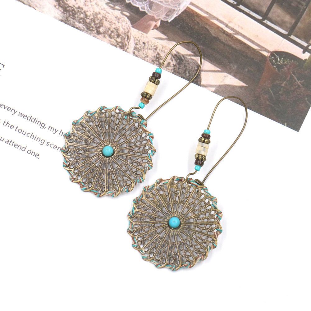 Bohemia Women Hollow Crochet Alloy Round Pendant Hook Earrings Jewelry Gift