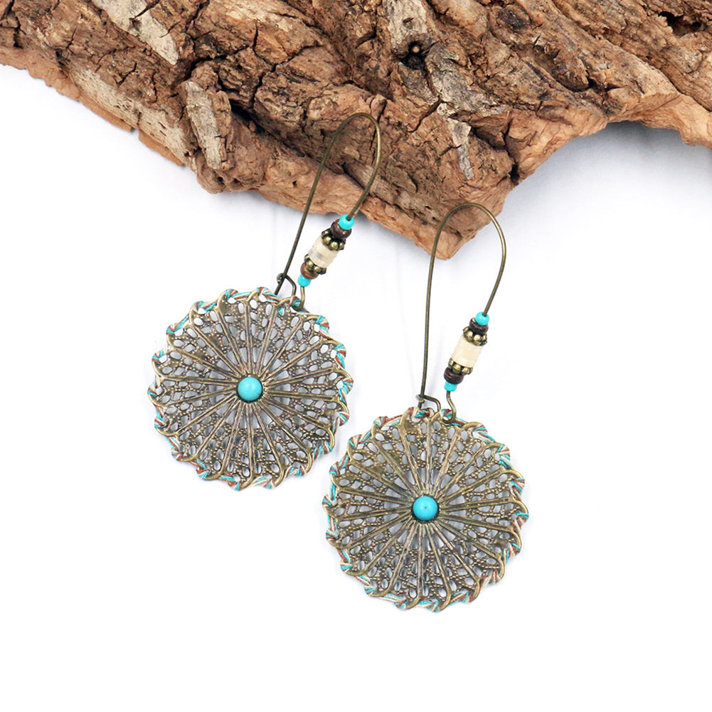 Bohemia Women Hollow Crochet Alloy Round Pendant Hook Earrings Jewelry Gift