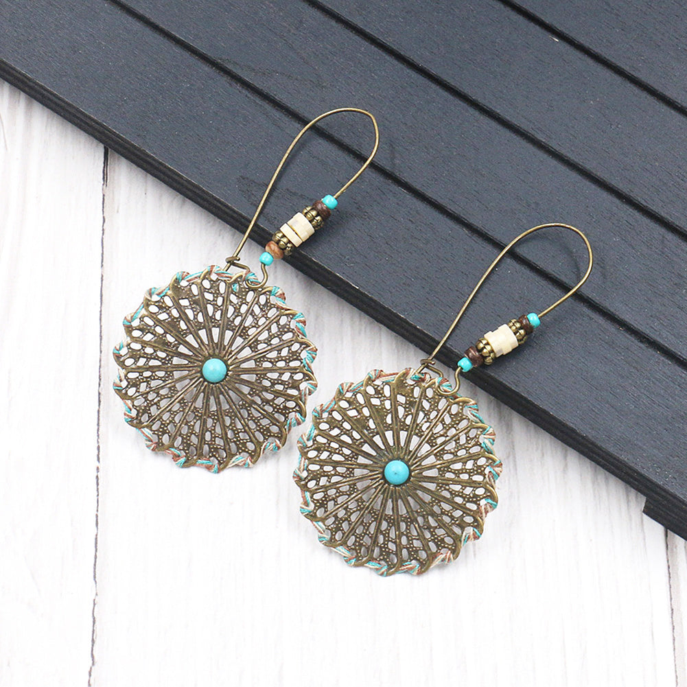 Bohemia Women Hollow Crochet Alloy Round Pendant Hook Earrings Jewelry Gift