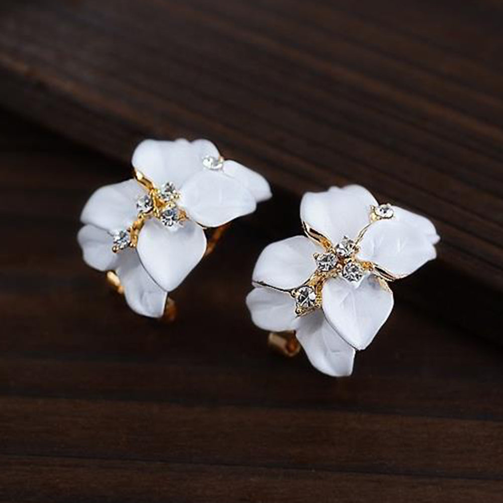 Cute Gardenia Flower Rhinestone Inlaid Ear Studs Women Earrings Jewelry Gift