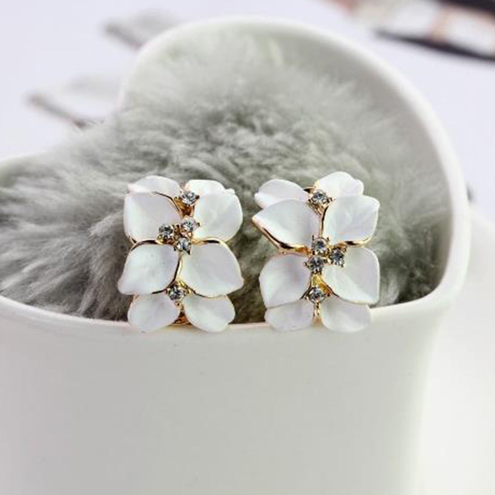 Cute Gardenia Flower Rhinestone Inlaid Ear Studs Women Earrings Jewelry Gift