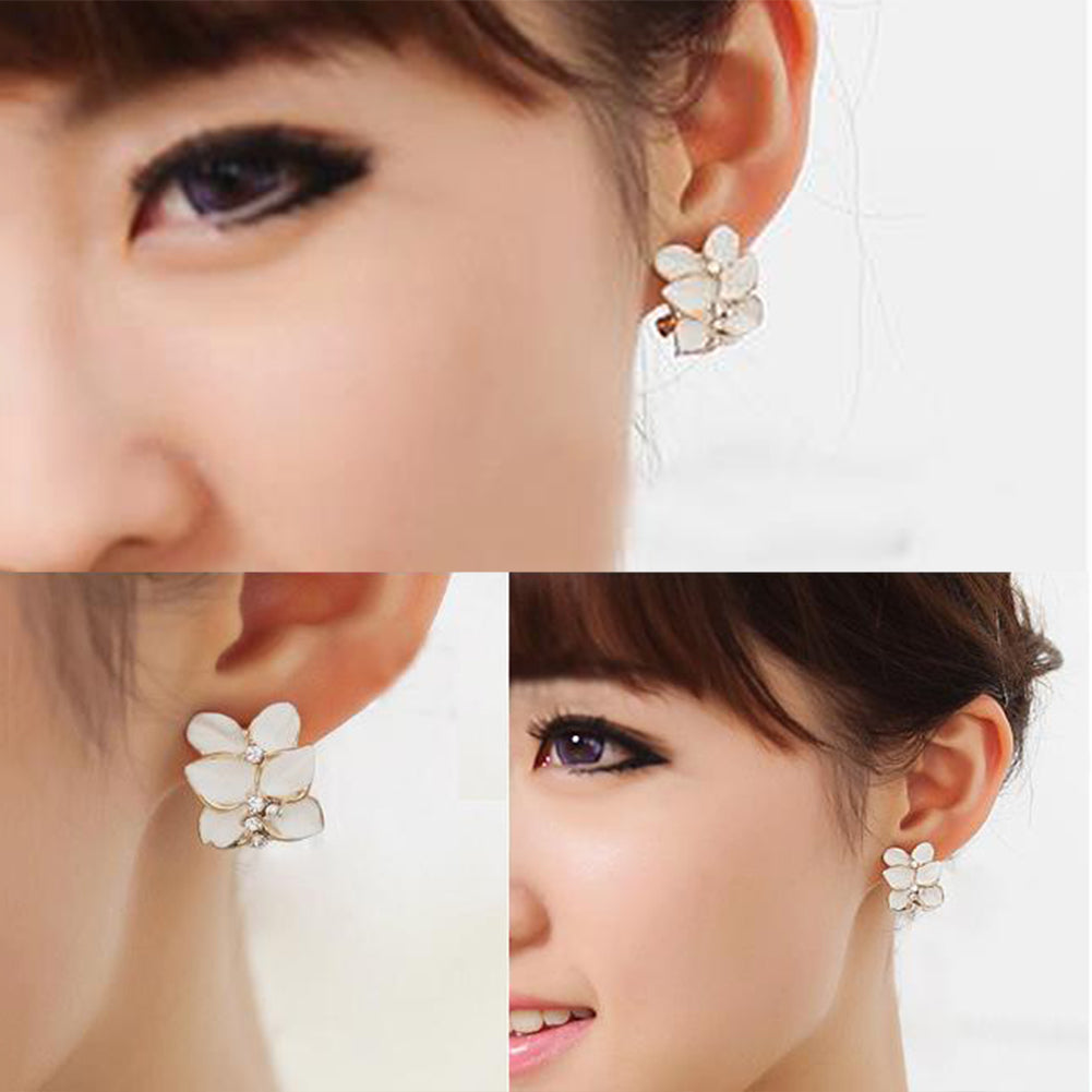 Cute Gardenia Flower Rhinestone Inlaid Ear Studs Women Earrings Jewelry Gift