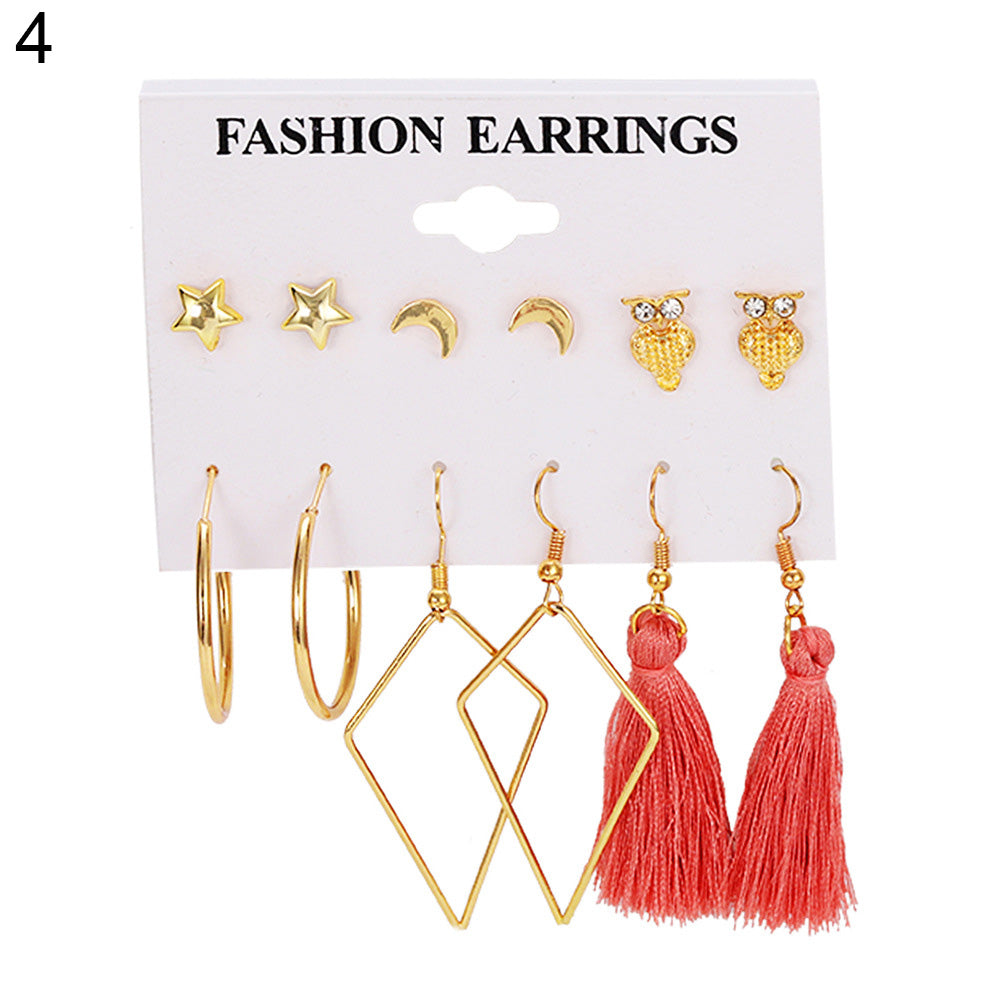 6Pairs/Set Bohemian Geometric Tassel Statement Dangle Earrings Set Women Jewelry