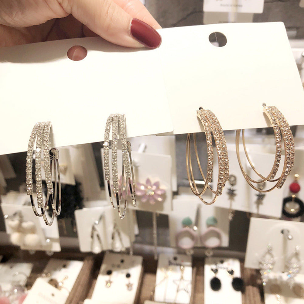 Wedding Engagement Triple Circle Rhinestone Inlaid Women Hoop Earrings Jewelry