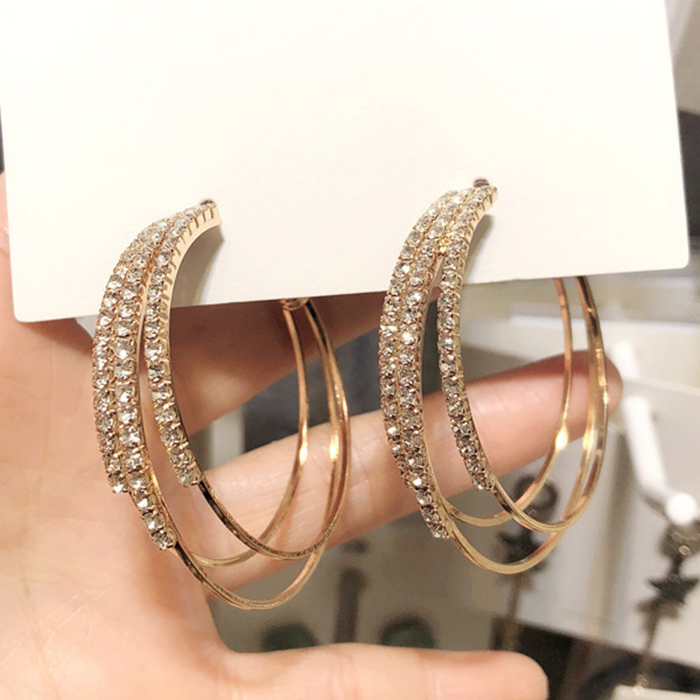 Wedding Engagement Triple Circle Rhinestone Inlaid Women Hoop Earrings Jewelry