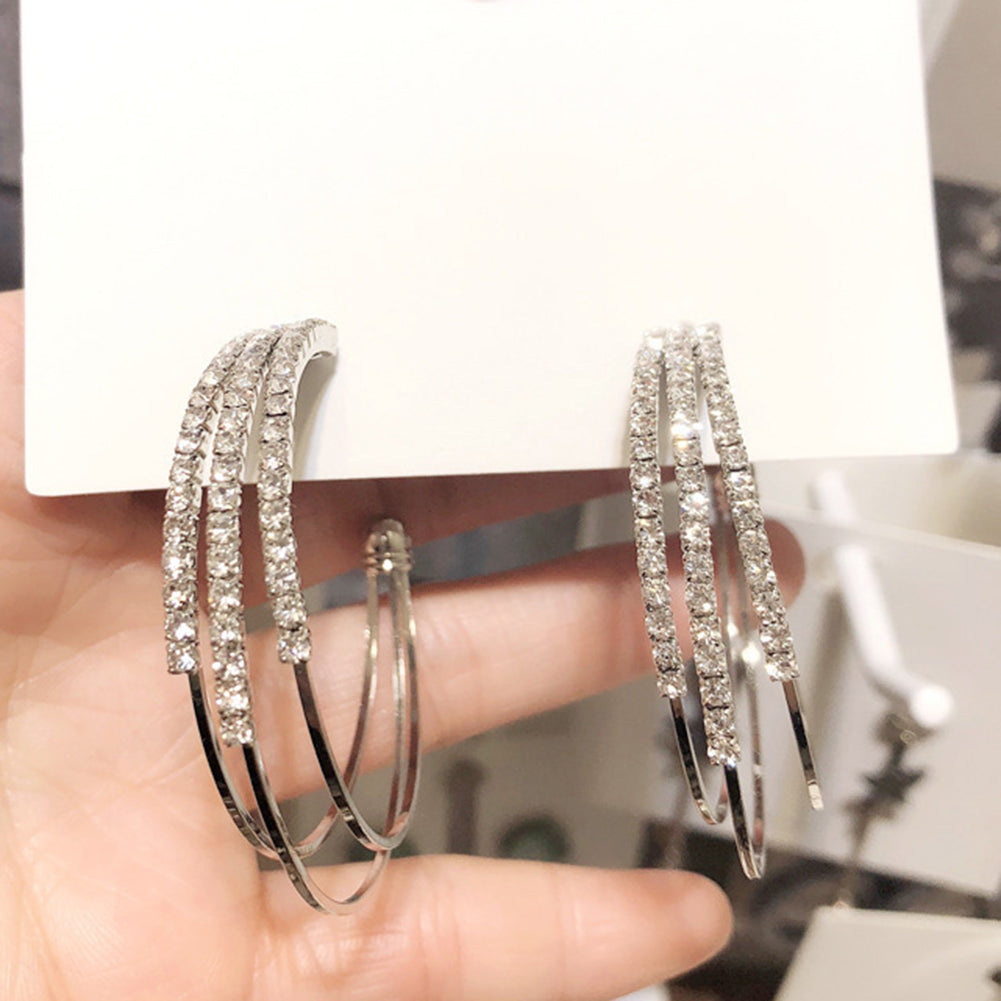 Wedding Engagement Triple Circle Rhinestone Inlaid Women Hoop Earrings Jewelry
