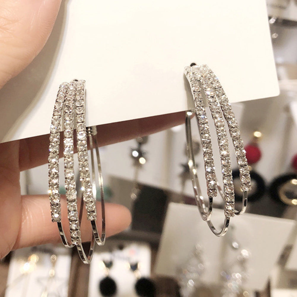 Wedding Engagement Triple Circle Rhinestone Inlaid Women Hoop Earrings Jewelry