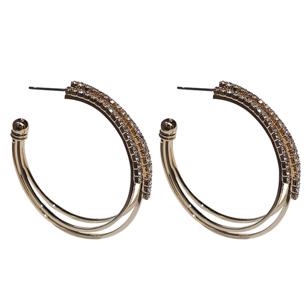 Wedding Engagement Triple Circle Rhinestone Inlaid Women Hoop Earrings Jewelry