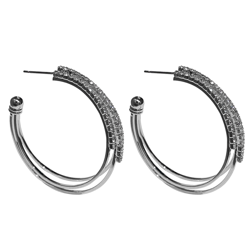 Wedding Engagement Triple Circle Rhinestone Inlaid Women Hoop Earrings Jewelry