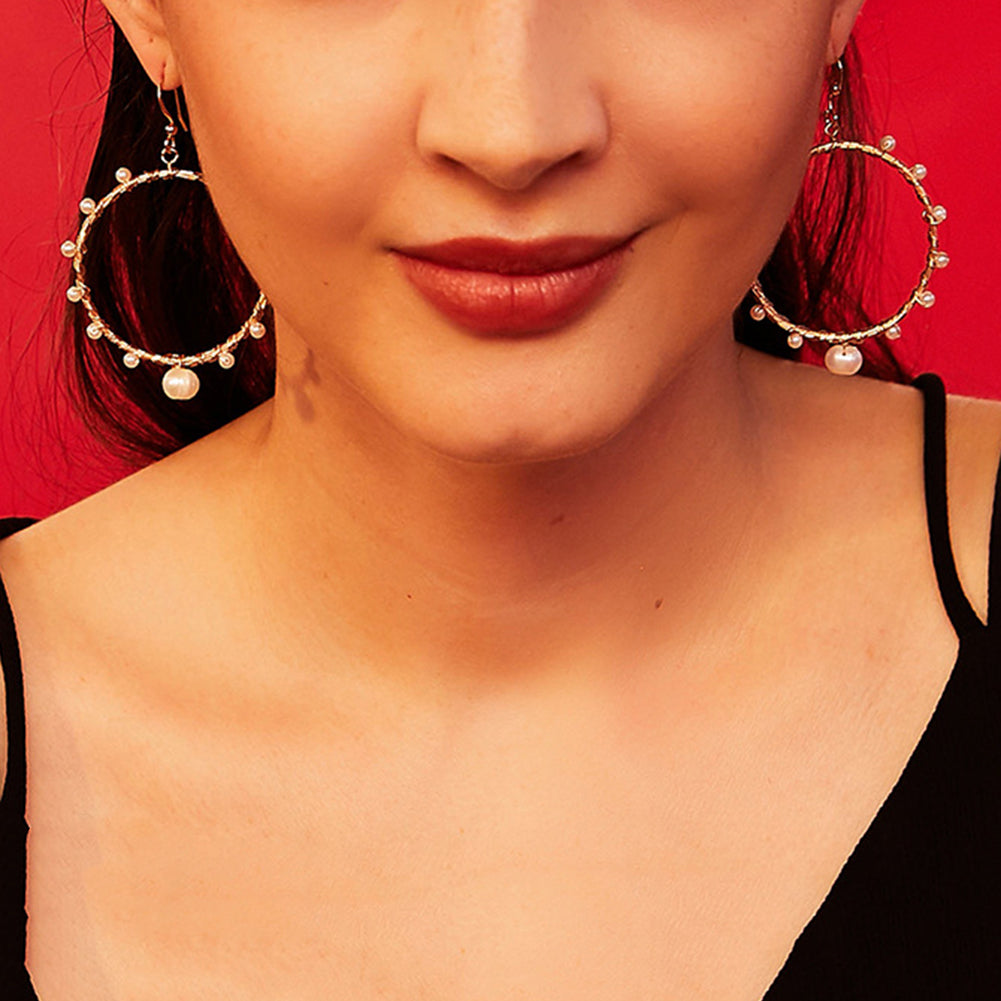 Fashion Women Hollow Circle Spiral Copper Wire Faux Pearl Charm Hook Earrings