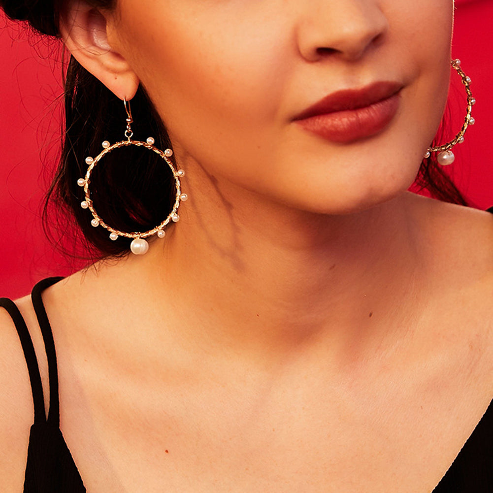 Fashion Women Hollow Circle Spiral Copper Wire Faux Pearl Charm Hook Earrings