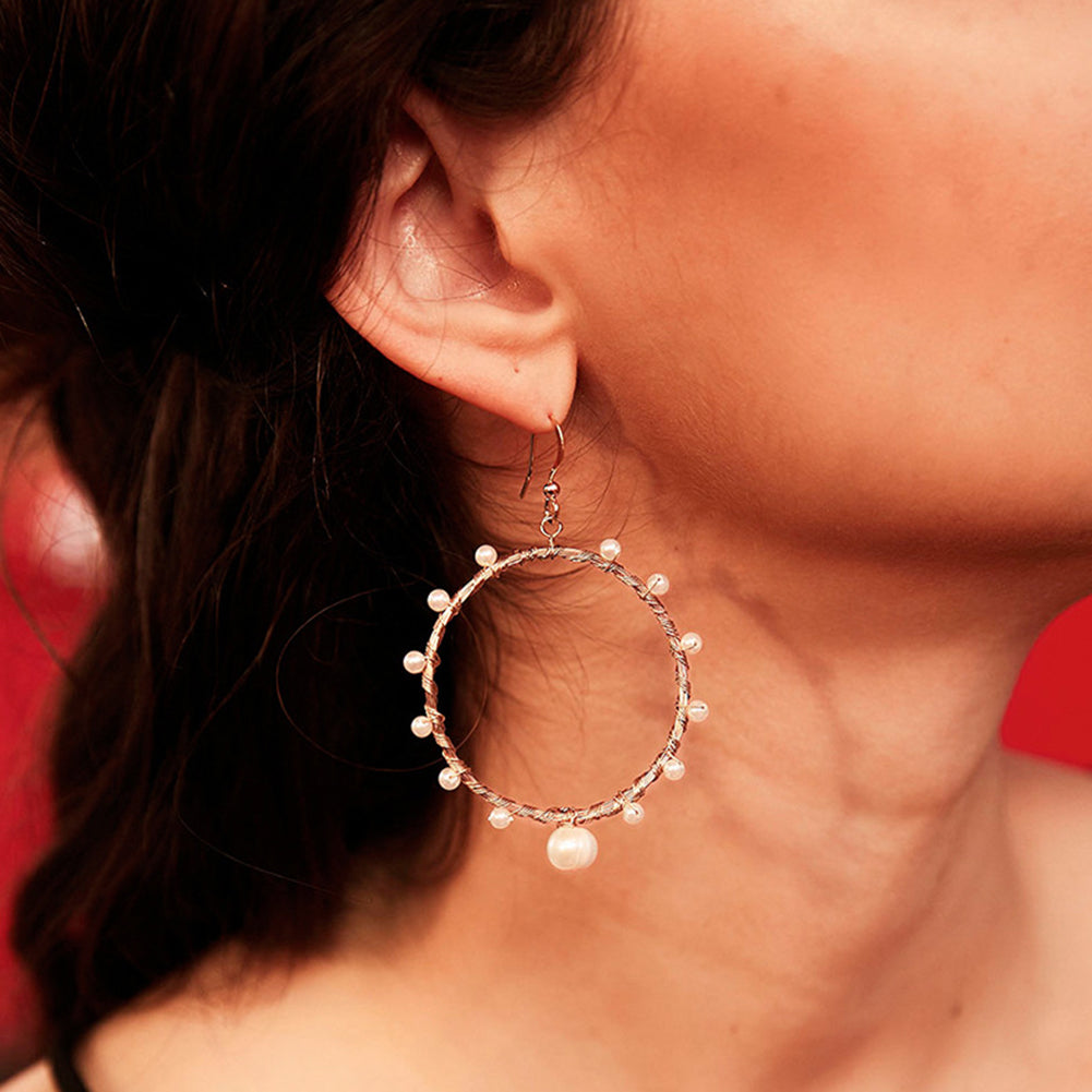 Fashion Women Hollow Circle Spiral Copper Wire Faux Pearl Charm Hook Earrings