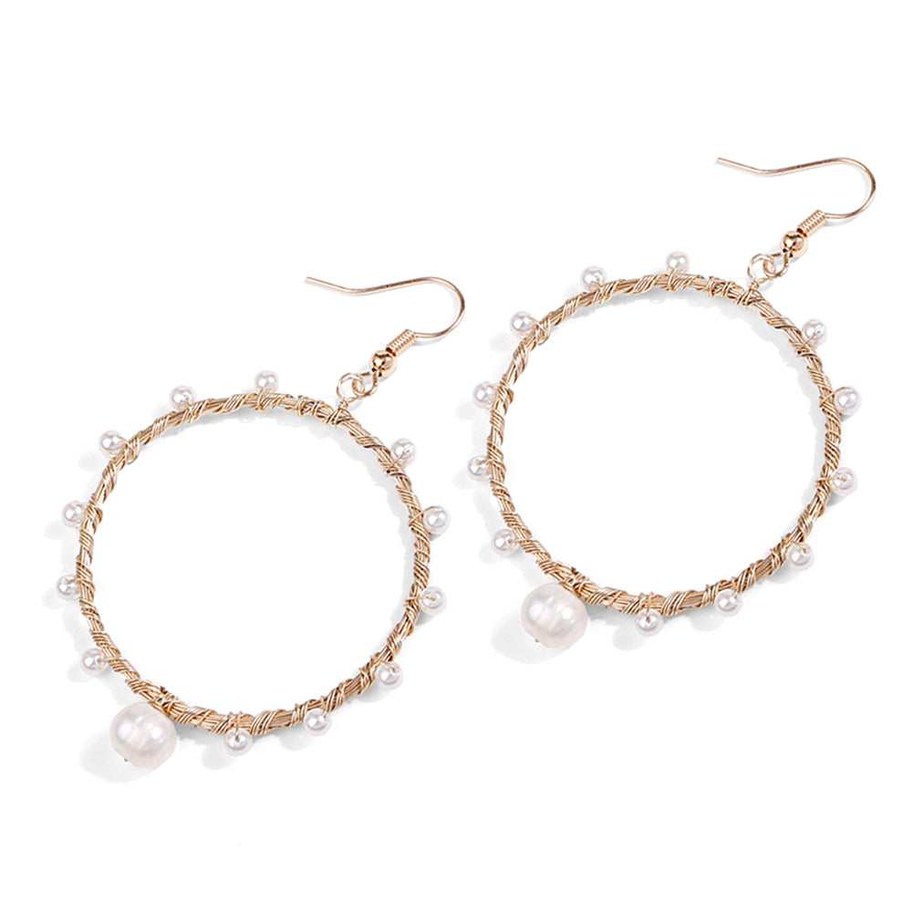 Fashion Women Hollow Circle Spiral Copper Wire Faux Pearl Charm Hook Earrings
