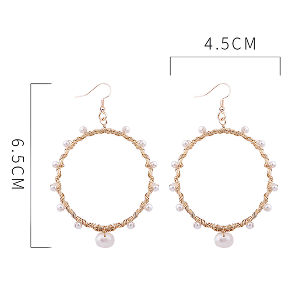 Fashion Women Hollow Circle Spiral Copper Wire Faux Pearl Charm Hook Earrings