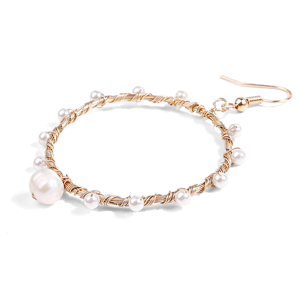 Fashion Women Hollow Circle Spiral Copper Wire Faux Pearl Charm Hook Earrings