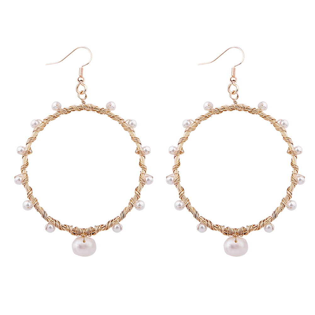 Fashion Women Hollow Circle Spiral Copper Wire Faux Pearl Charm Hook Earrings