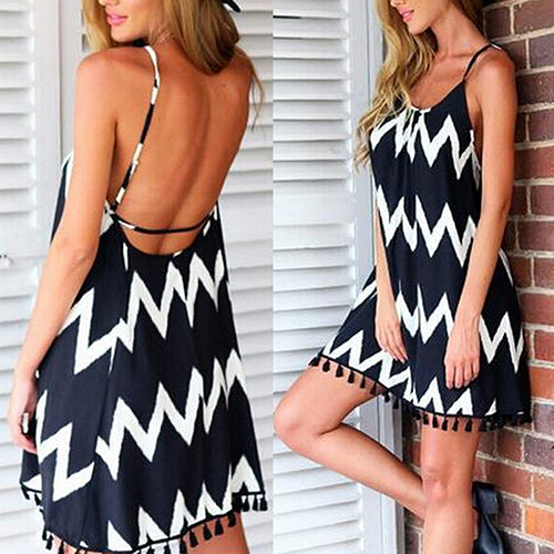 Women's Sexy Tassels Aztec Stripe Backless Strap Dress Beachwear Bikini Cover Up