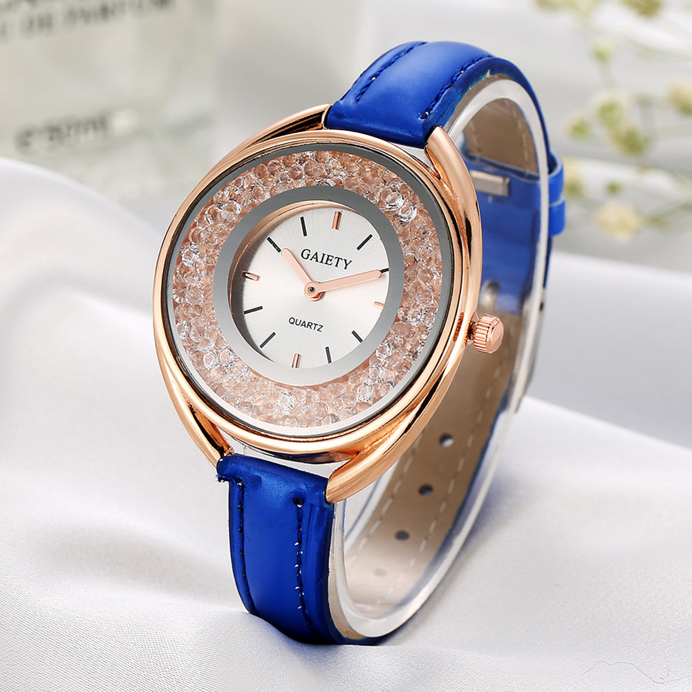 Luxury Dazzling Rhinestone Faux Leather Quartz Analog Watch Women Wristwatch