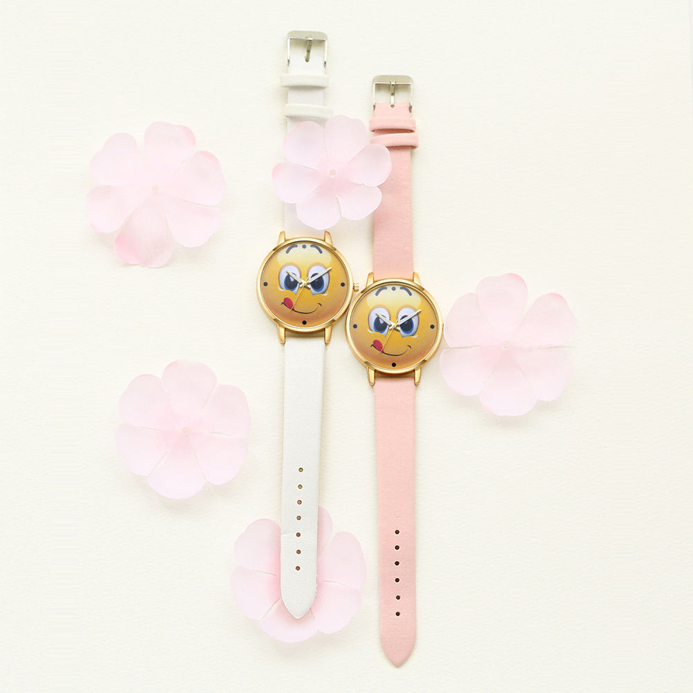 Lady Stylish Lovely Greedy Face Emoji Faux Leather Band Analog Wrist Watch