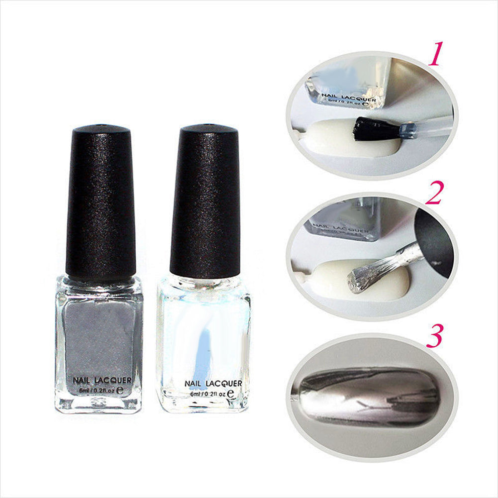 2Pcs Silver Metal Mirror Effect Metallic Nail Art Polish Varnish  and  Base Coat Nail DIY