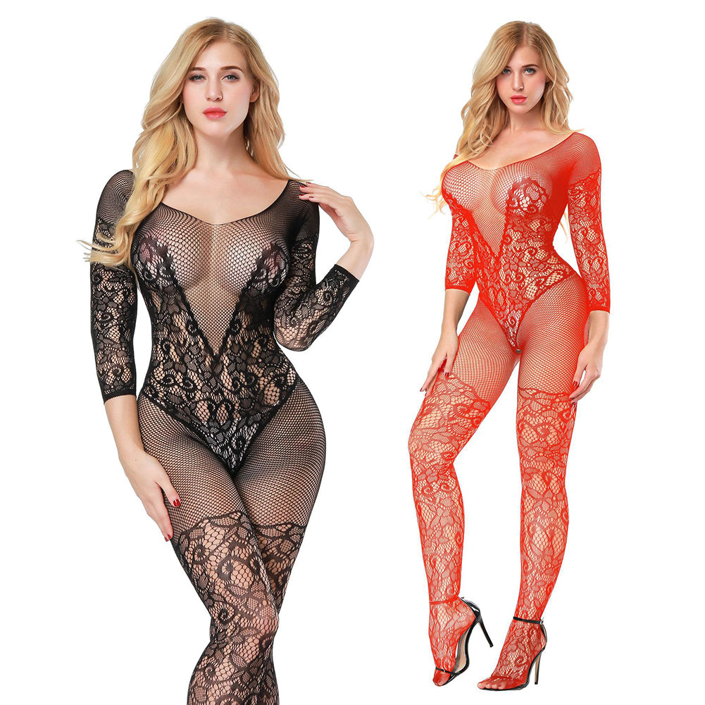 Women Underwear Embroidery Body Stockings Sexy Hollow Long Sleeve Nightwear