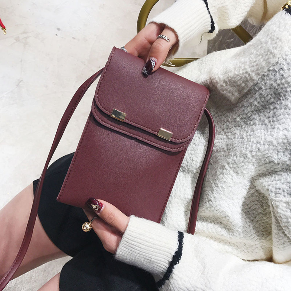 Fashion Women Solid Color Double Layer Faux Leather Rectangle Crossbody Bag