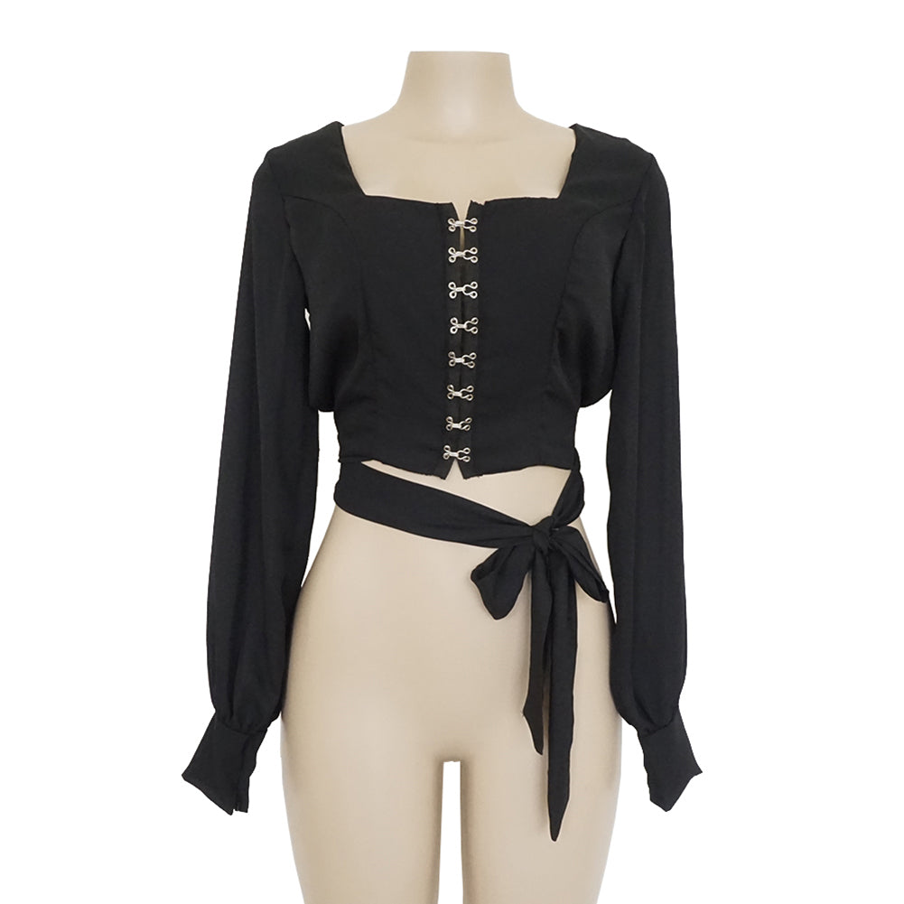 Fashion Women Solid Color Long Sleeve Summer Backless Bandage Crop Top Blouse