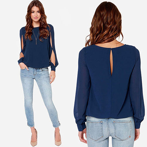 Women Lady Sexy Loose Long Sleeved Chiffon Casual Blouse Shirt Summer Top