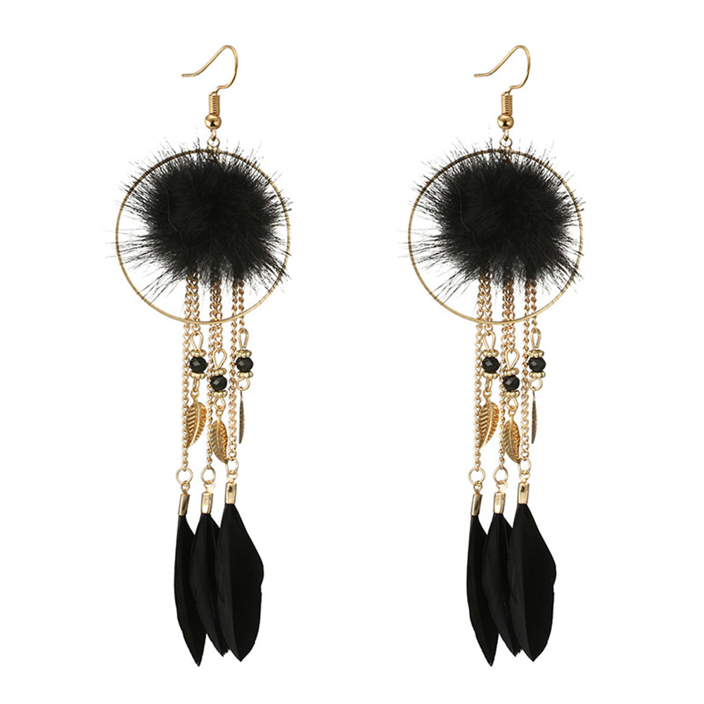 Women Hook Earrings Fur Ball Leaf Fringed Big Ring Long Pendant Feather Jewelry