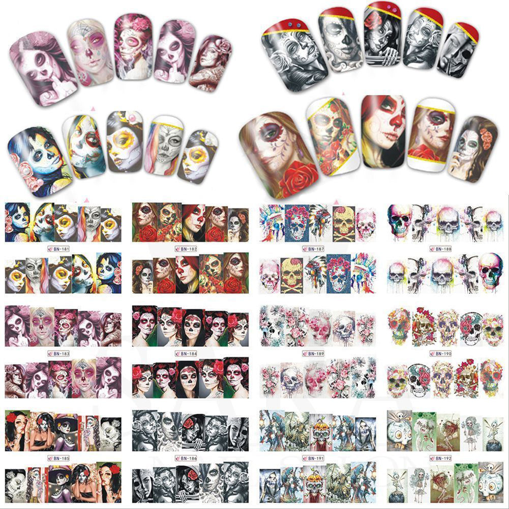 24Pcs Halloween Cartoon Skull Water Transfer Manicure DIY Tips Nail Art Stickers