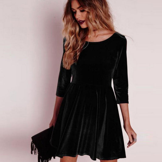 Winter Women Solid Color Long Sleeve Velvet Swing Party Evening Slim Mini Dress