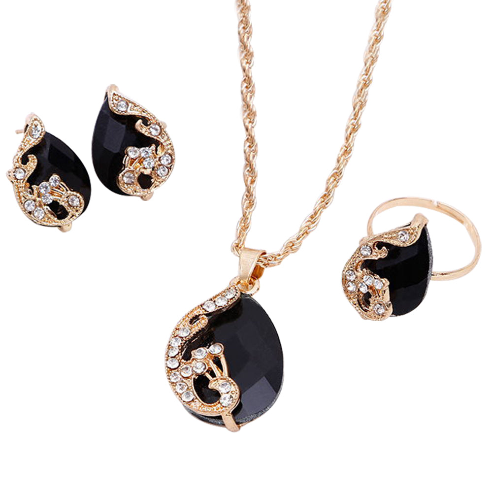 Women Jewelry Set Shiny Water-Drop Shape Rhinestone Necklace Earrings Ring Gift