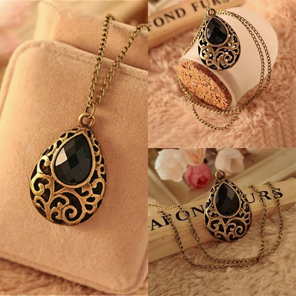 Women Vintage Jewelry Long Chain Waterdrop Carved Pendant Sweater Necklace