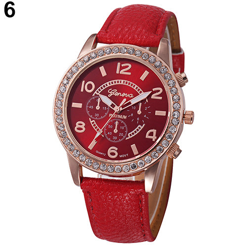 Fashion Women Geneva Rhinestone Big Dial Faux Leather Analog Wrist Watch Gifts