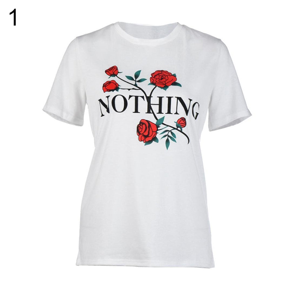 Nothing Letter Print Rose Flower Short Sleeve T-shirt Summer Women's Tee Top