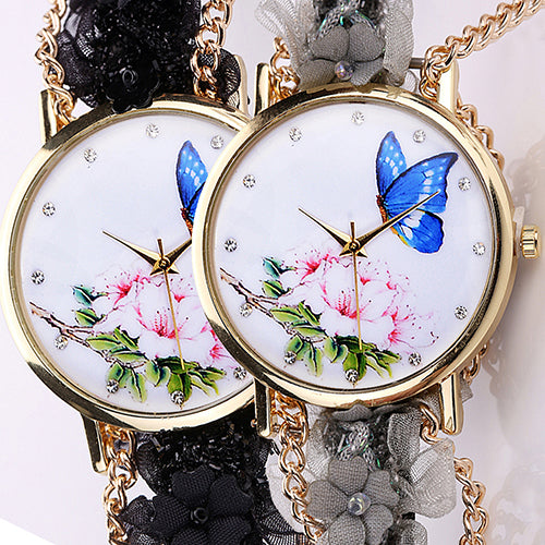 Lady Analog Golden Tone Case Flowers Butterfly Rhinestone Lace Alloy Chain Watch