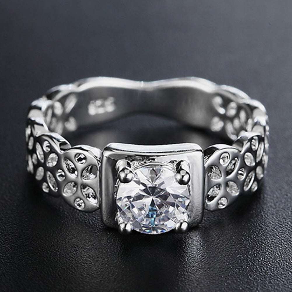 Vintage Women Hollow Floral Rhinestone Silver Plated Finger Ring Wedding Jewelry