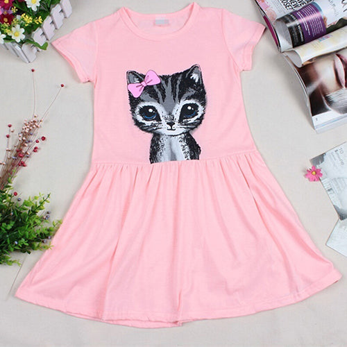 Kids Girls Fashion Summer Short Sleeve Cute Cat Bowknot Dress O-Neck Dress