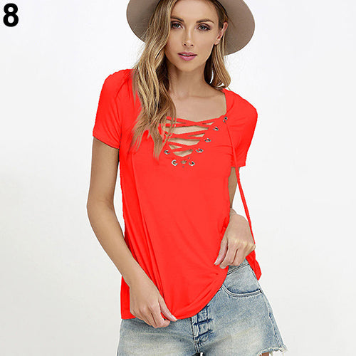 Women Summer Plus Size Sexy Top casual Strappy V-Neck Tees Fashion T-Shirt