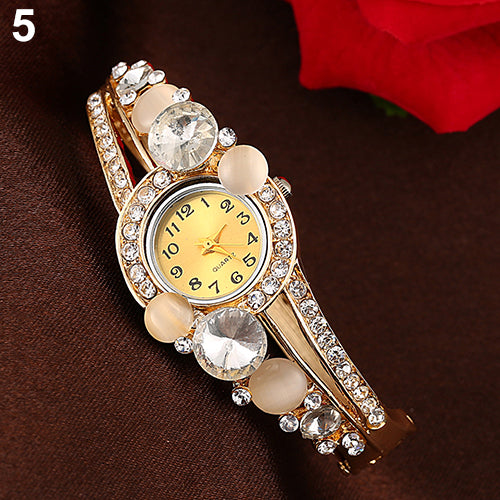 Women Retro Hollow Faux Opal Rhinestone Inlaid Cuff Bangle Wrist Watch