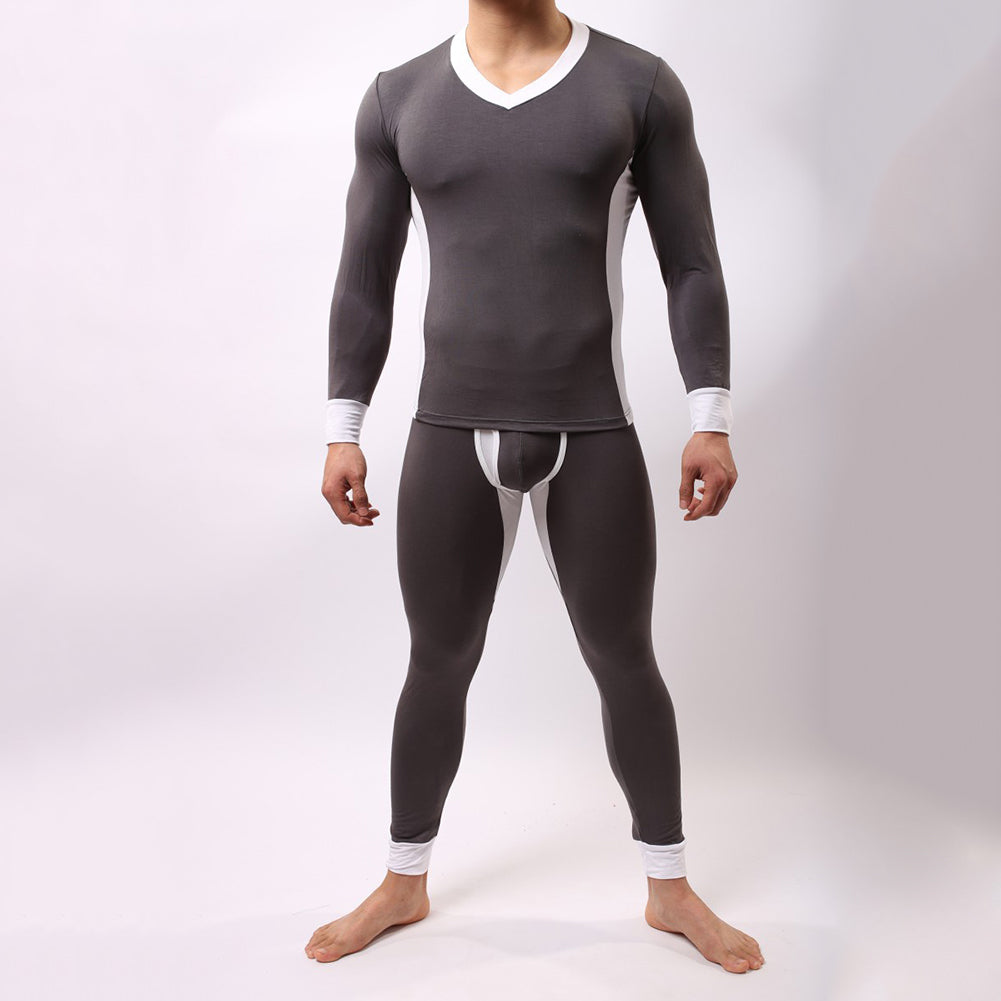Winter Men Ultra Soft Color Block Thermal Underwear Set Top T-Shirt + Long Pants