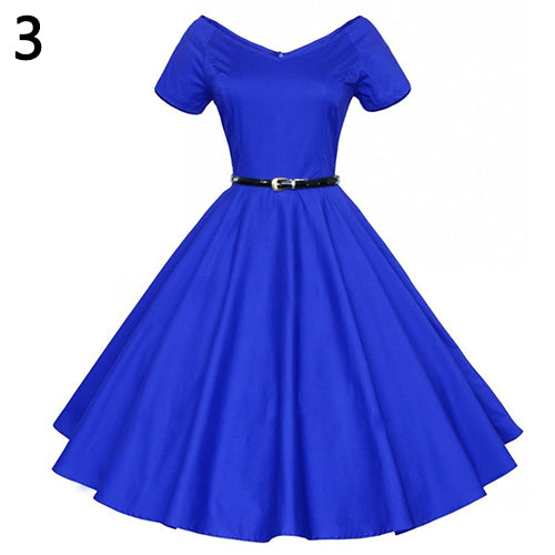 Women's Vintage Wide V-neck Long Swing Dress Short Sleeve Cocktail Party Dress