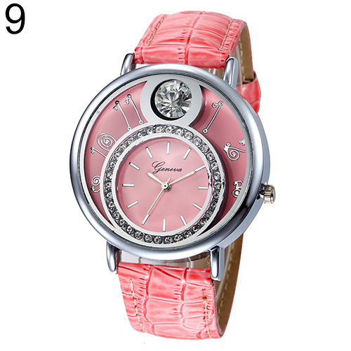 Women's Luxury Rhinestone Round Dial Faux Leather Strap Quartz Wrist Watch