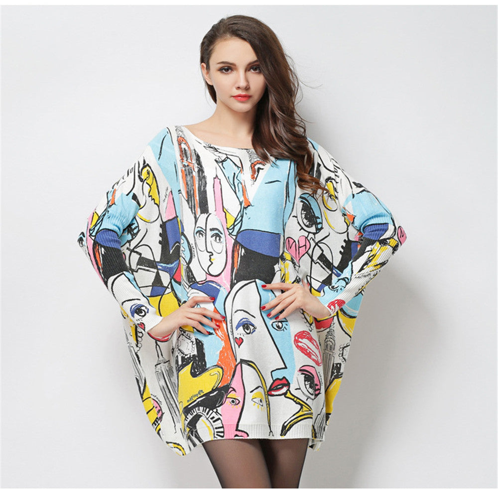 Oversized sweater women pullover top cartoon print plus size tops knitted sweaters wool blend pullovers fashion outwear HX11