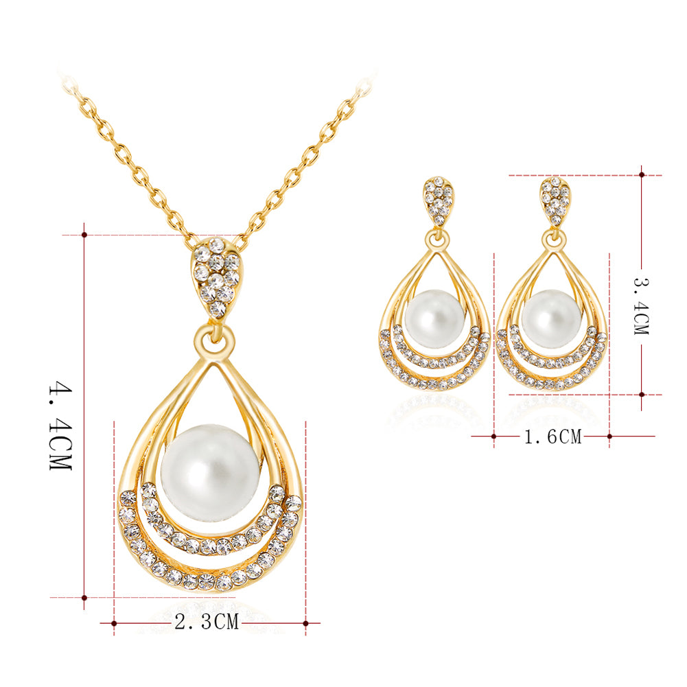 Fashion Faux Pearl Rhinestone Waterdrop Pendant Necklace Earrings Jewelry Set