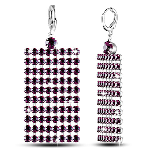 Silver Plated Long Rhinestone Tassels Rectangle Mesh Dangle Women Retro Earrings
